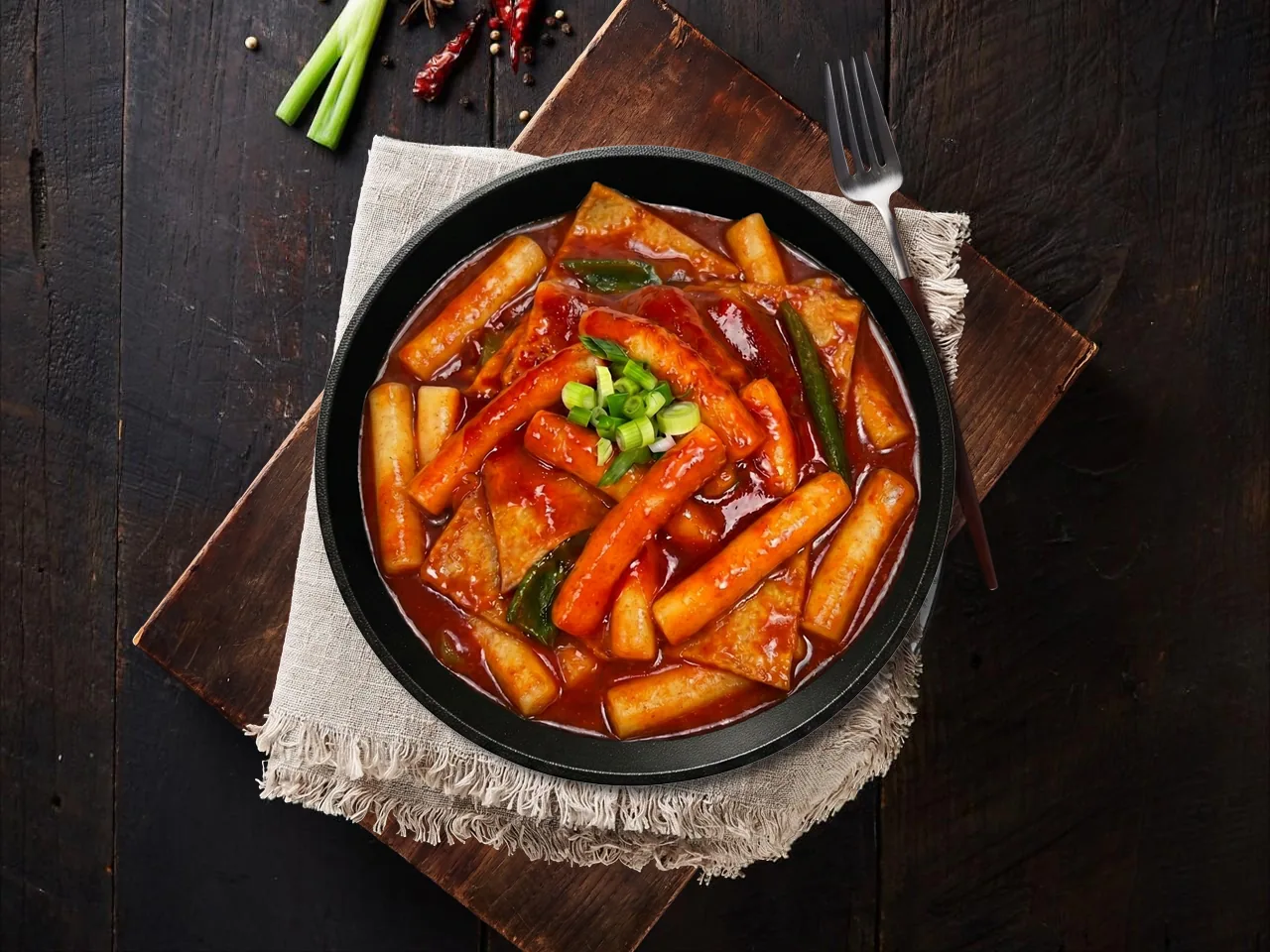검은 무쇠 팬에 담긴 응큼 떡볶이 — 붉은 고추장 소스에 쌀떡과 어묵, 청양고추, 송송 썬 쪽파
